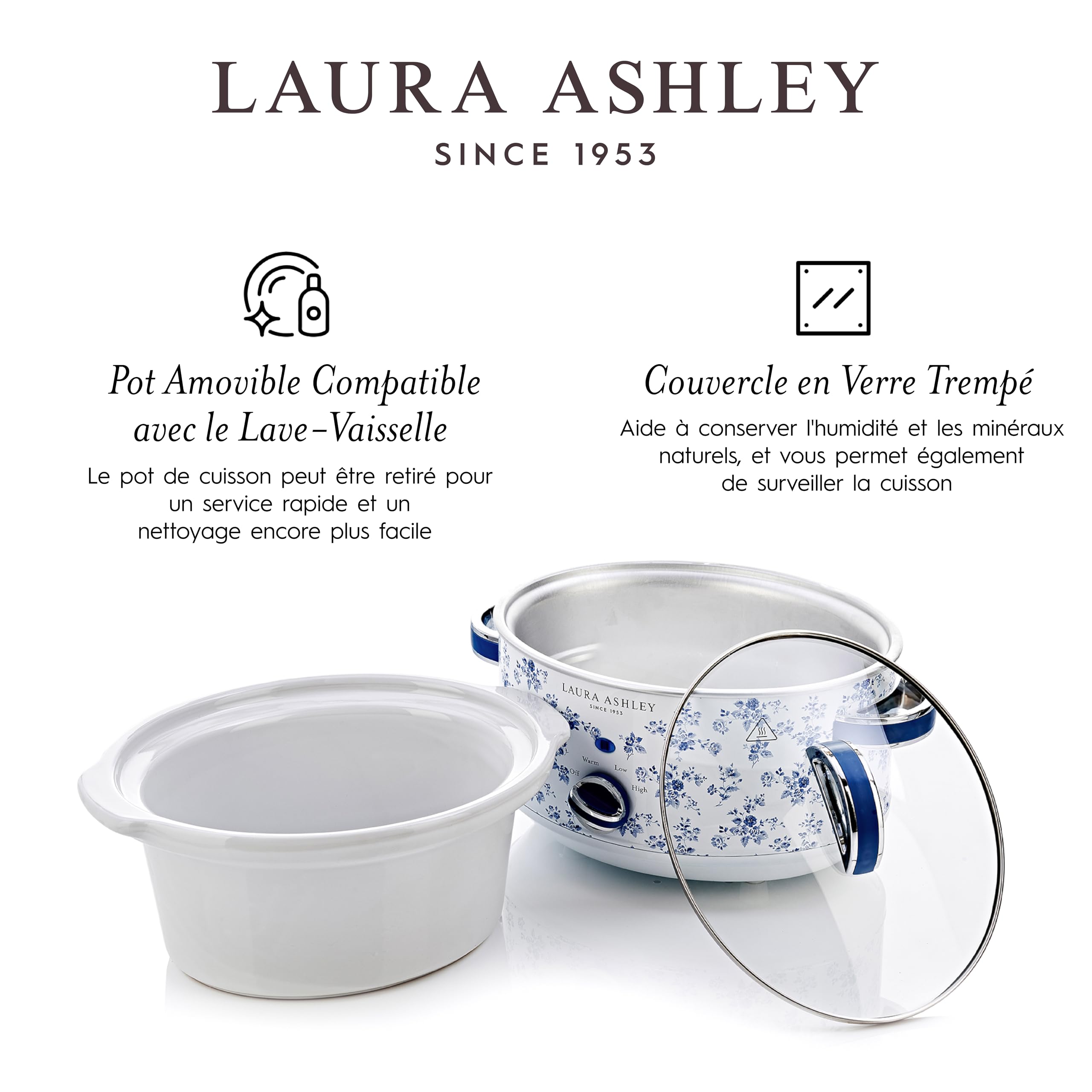 Laura Ashley Mijoteuse Electrique 6,5 Litres avec Imprimé China Rose par VQ - Slow Cooker pour 8 à 10 Personnes, Économique en Énergie, avec 3 Réglages de Température et un Couvercle en Verre Trempé