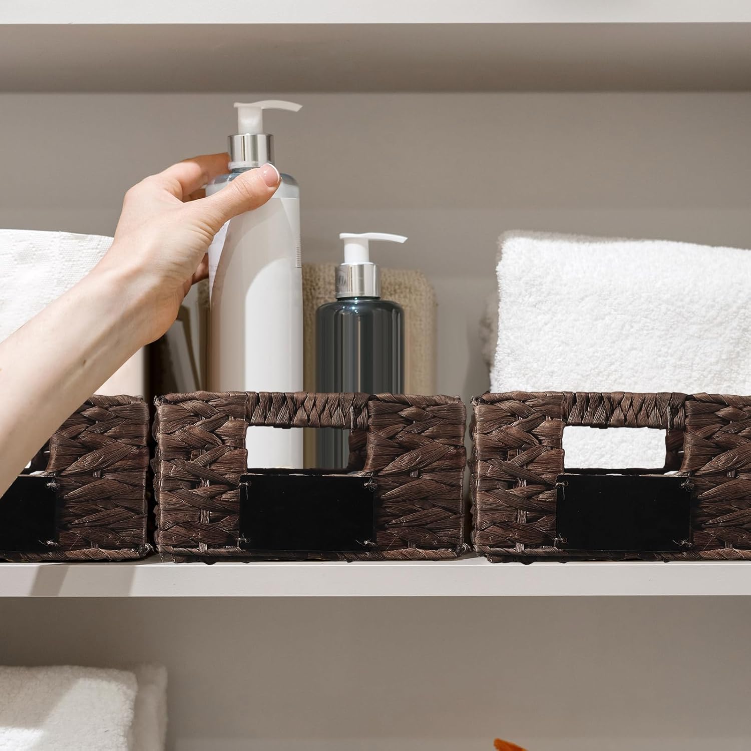 Nitial 8 Pcs Wicker Storage Basket, Rectangular Water Hyacinth Storage Basket for Shelving, Foldable Woven Pantry Organizer with Chalkboard Label and Chalk Marker (Dark Brown,12 x 9 x 5 Inch)