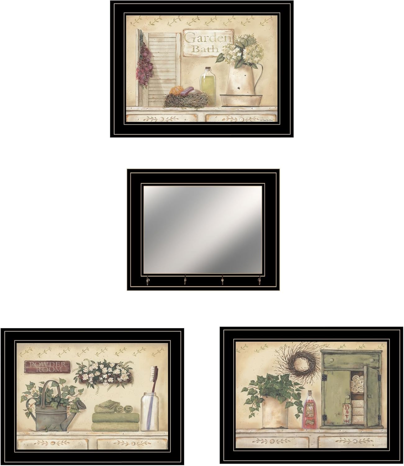 Set Of Four Garden Bath Black Framed Bathroom Wall Art And Mirror With Hooks