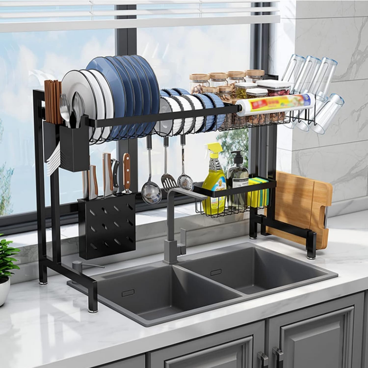 Dish Drain Rack with Hanging Basket,Dish Drainer Rack, Dish Drying Rack, Stainless Steel Dish Drainer, with Cutting Board Holder, Large Dish Rack
