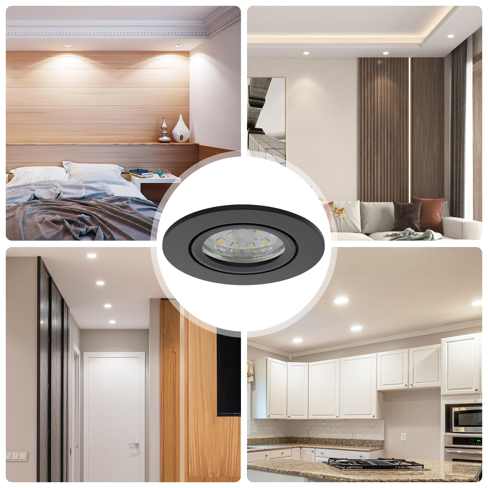 Marco Foco Empotrable GU10 Aluminio Negro Orientable Downlight LED Empotrable Ojo de Buey de techo con Portalámparas GU10 68mm Para Lámparas De Led O Halógena, Redondo 60-75mm 230V 12 Pack