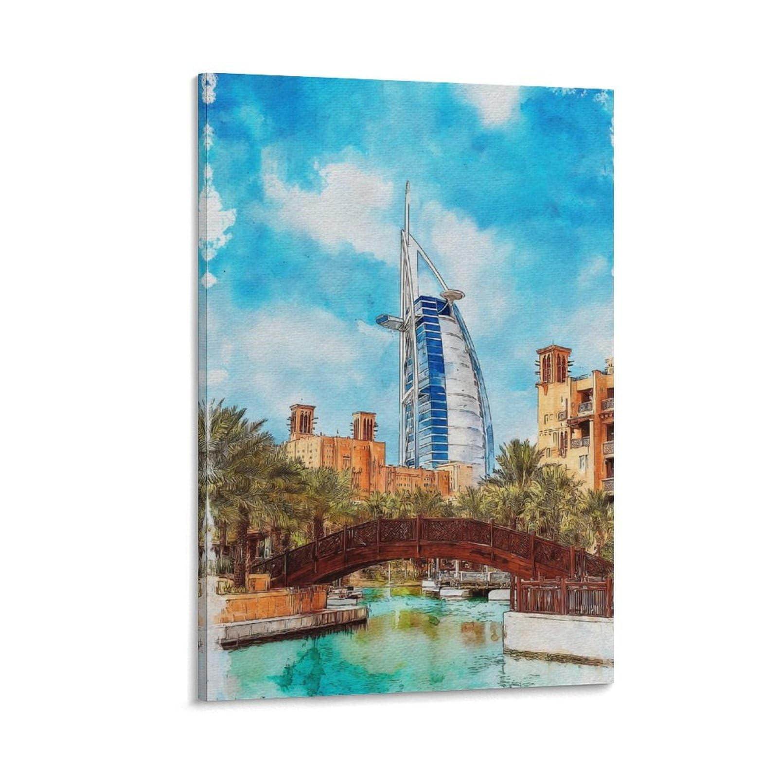 Lcynnh Frame-Style Dubai Burj Al Arab 24X36inch(60X90cm) Vintage Travel Poster Watercolor Canvas Art