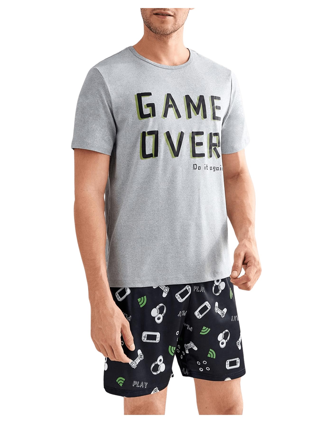 verdusa Men's Summer Pajamas Set 2 Piece Pjs Sets Short Sleeve Letter Print Tee and Short Lounge Set-picture-49