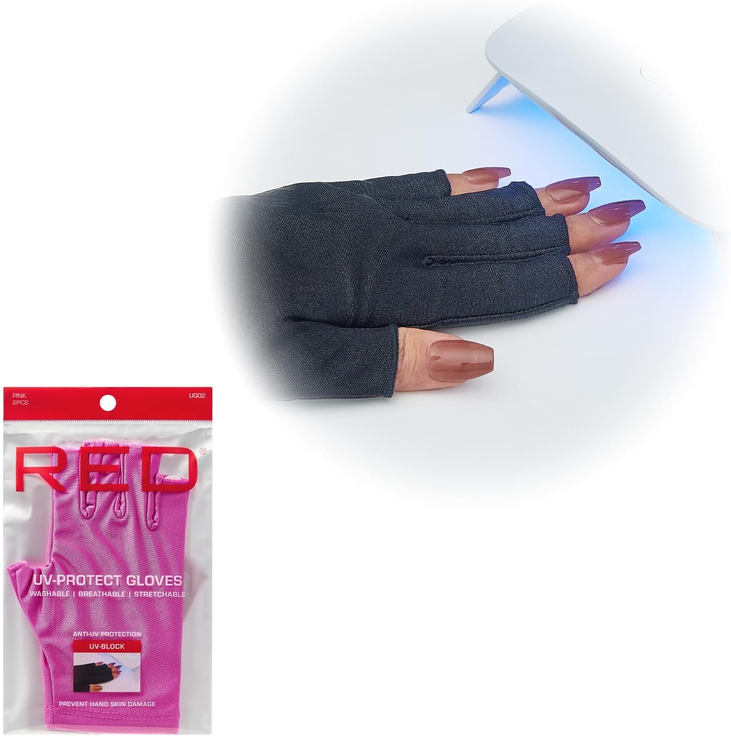 Red by Kiss UPF 50+ UV Protection Gloves & instaLAMP Gel Nail Lamp Bundle, 45 LED Professional UV/LED Nail Dryer with Breathable & Washable Fingerless Sun Gloves for Gel Manicure, Driving, Gardening