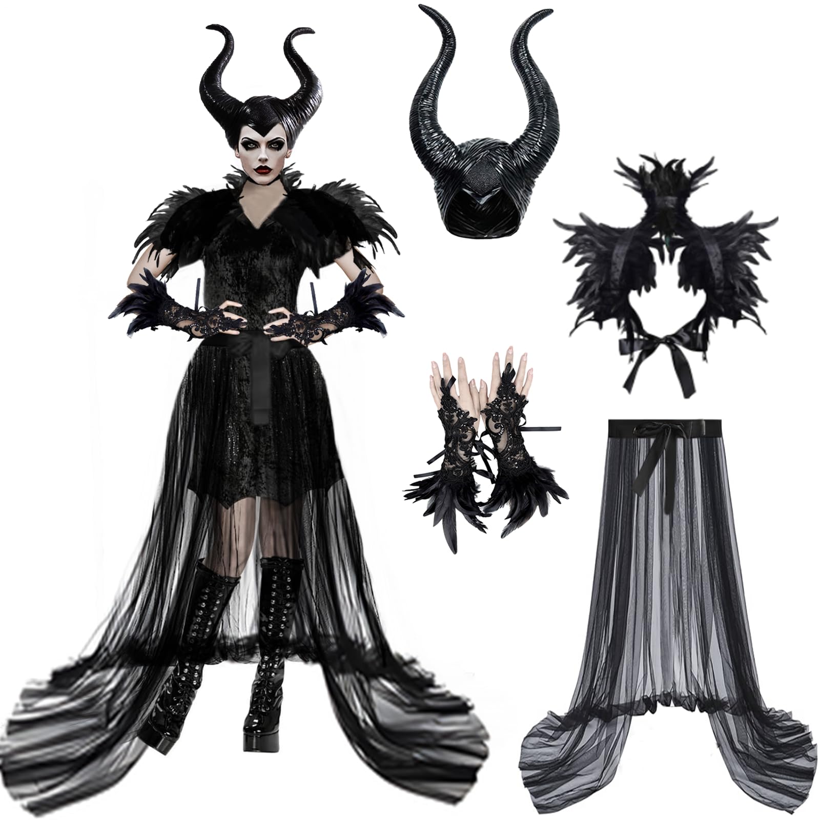 KUJAIS Malafide kostuum voor dames: duivelse kostuum set voor dames met Malafide hoorns, verenmantel, kanten handschoenen en lange tule rok voor Halloween, carnaval, cosplay, feestkleding