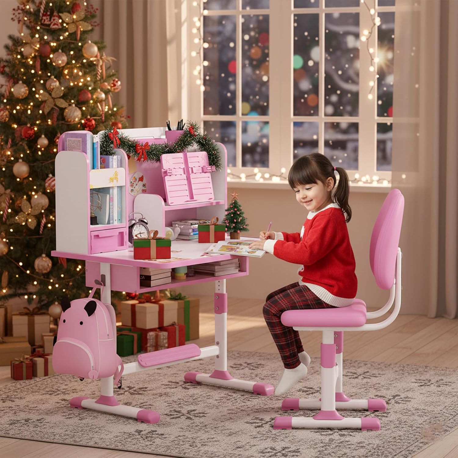 Kids Study Desk Chair Set, Height Adjustable Ergonomic Children Learning Table Chair Combo, Dual Back Support School Desk Chairs Sitting Corrector Kids Writing Table (Pink)