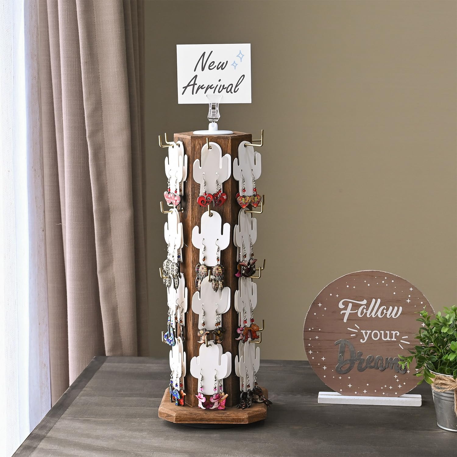 Ikee Design Free Assemble 24 Hooks Wood Hexagon 6 Sided Rotating Jewelry Display Stand Tower for Earrings,Bracelets, Keychain Earring Display Stand for Selling, Showcase, Brown Color