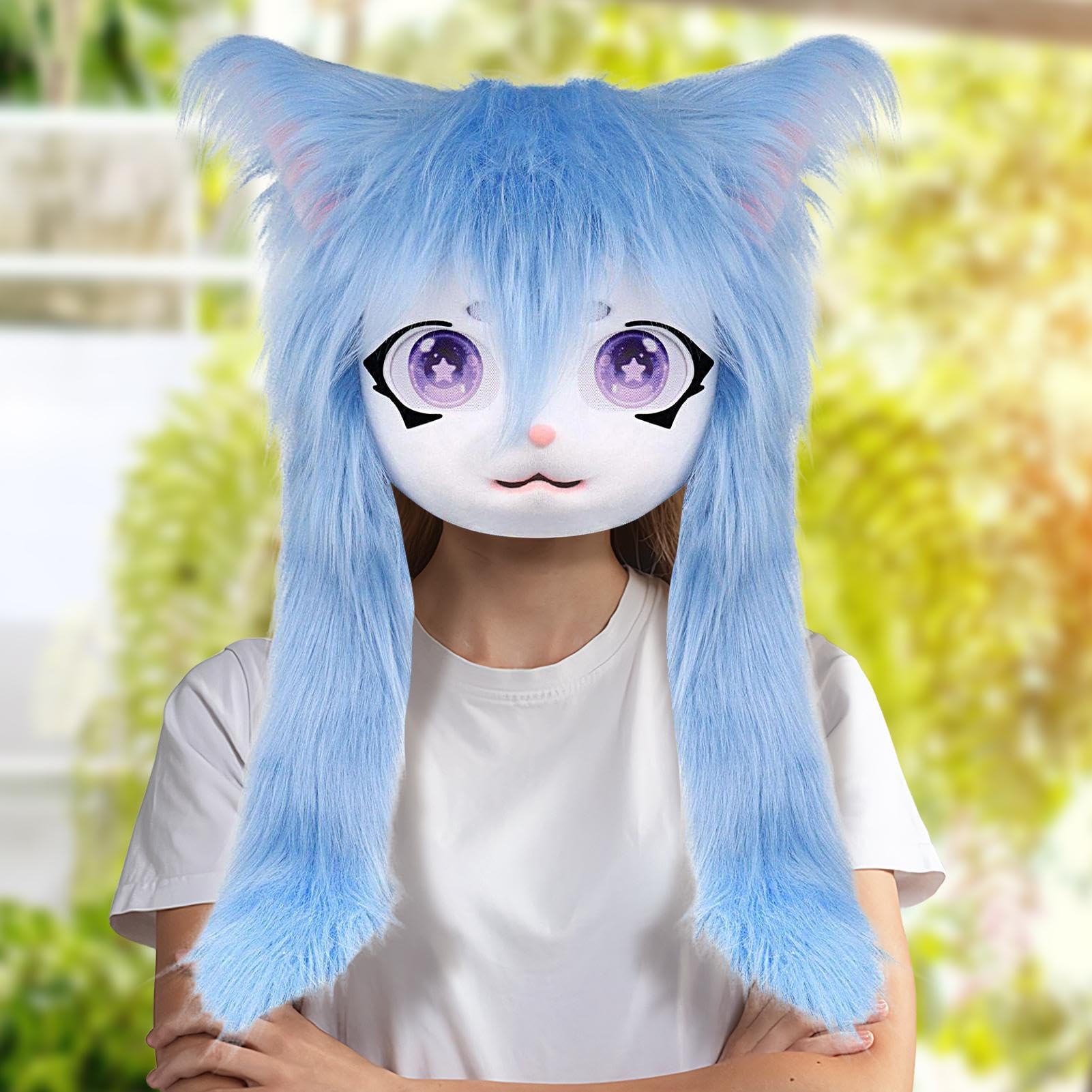 Cabezas peludas para cosplay, máscara de gato con ojos grandes, pelo largo, accesorio de disfraz realista, accesorios de cosplay para actuaciones de teatro, fiesta de Halloween, bailes de máscaras