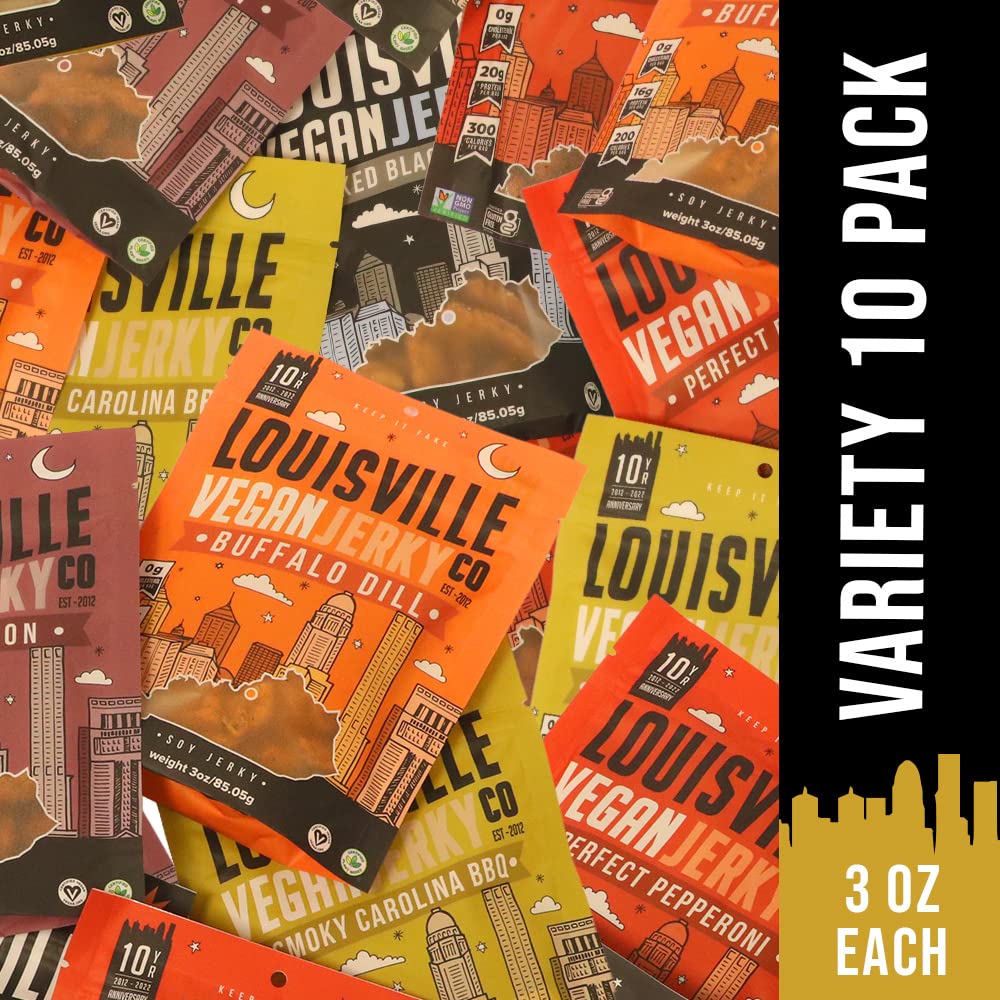 Louisville Vegan Jerky - Variety Pack, 15-21 Grams of Protein, Gluten-Free Ingredients, Includes 2 Black Pepper, 2 Perfect Pepperoni, 2 Maple Bacon, 2 Carolina BBQ, & 2 Buffalo Dill (3 oz, 10-Pack)