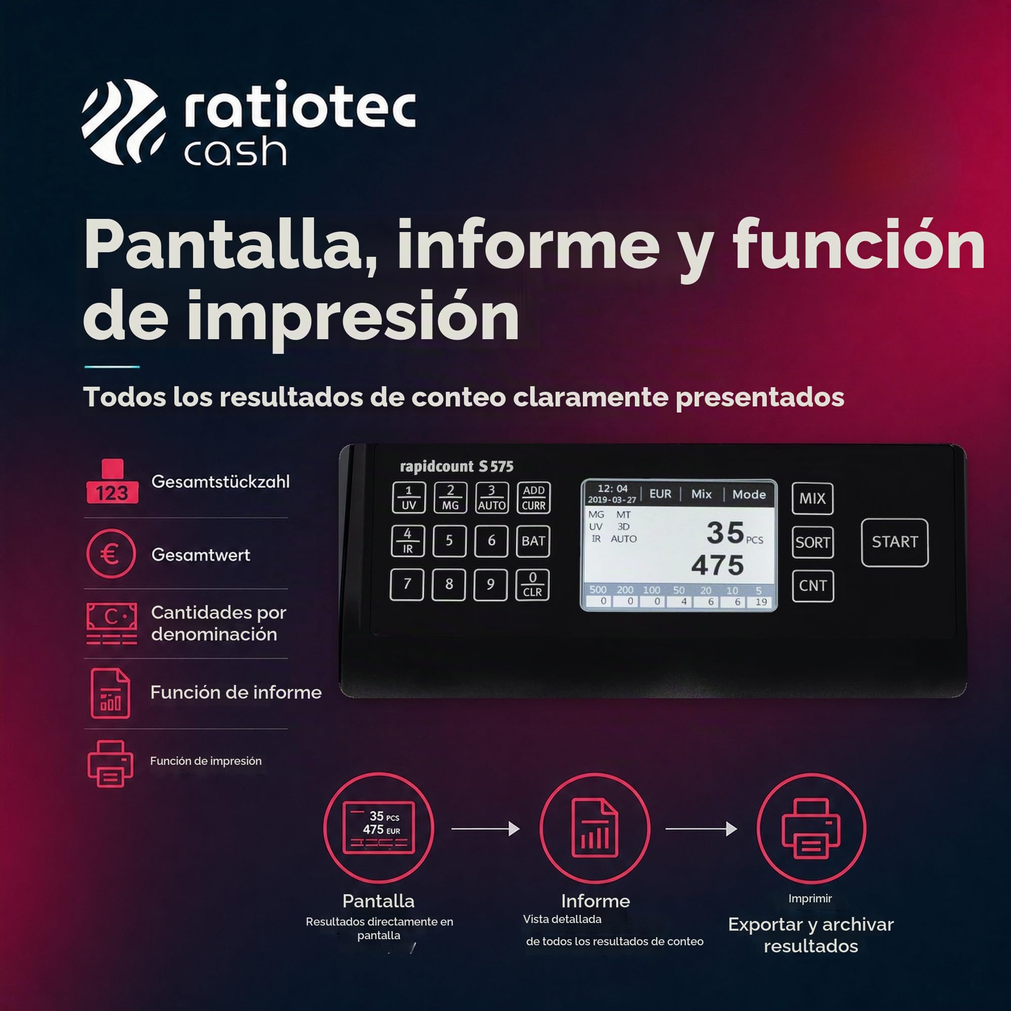 ratiotec Máquina contadora de billetes rapidcount S 575 para billetes mixtos con valoración en negro