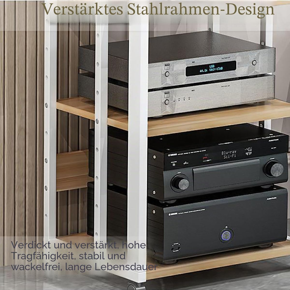 Audio Rack mit 2/3/4 Ebenen, HiFi Regal mit Rollen, Audio Schrank für Zuhause, Verstärker-Rack mit Ablagen, TV Rack HiFi Möbel, beweglicher AV Turm für Stereoanlage & Heimkino