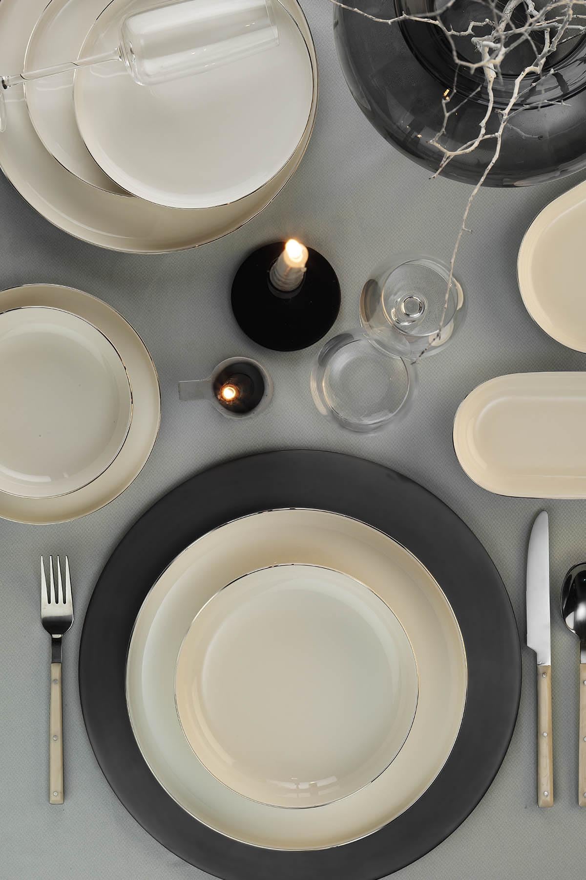 Vajilla de Porcelana de 26 Piezas - Kütahya Porselen Bone Moderna Platino para 6 Personas – Vajilla exclusiva color blanco y plata