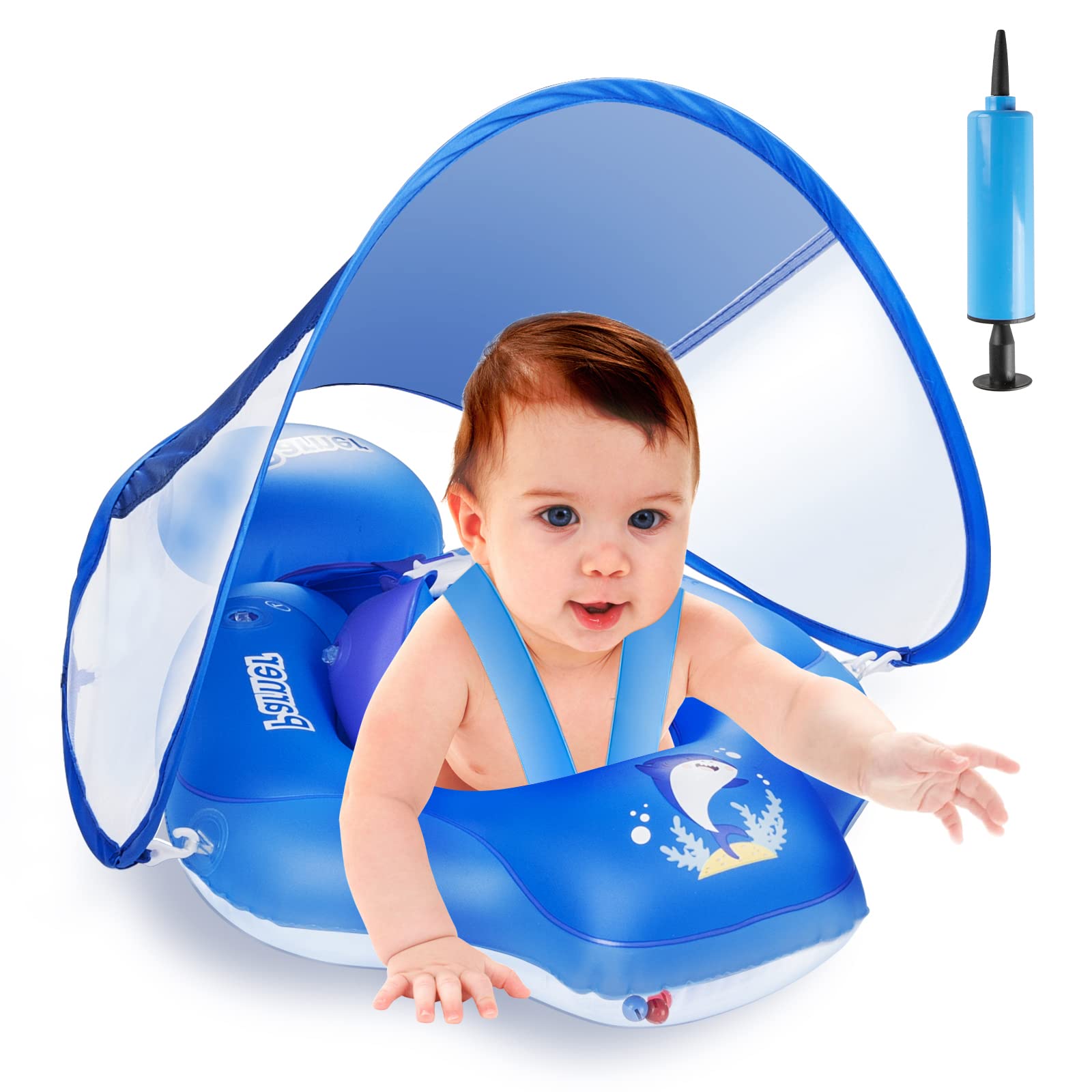Baby Swimming Float with Sun Canopy, Parner Inflatable Baby Pool Float with Safety Bottom Support, Baby Swimming Ring Suit for Newborn Kids Toddlers Age of 3-36 Months