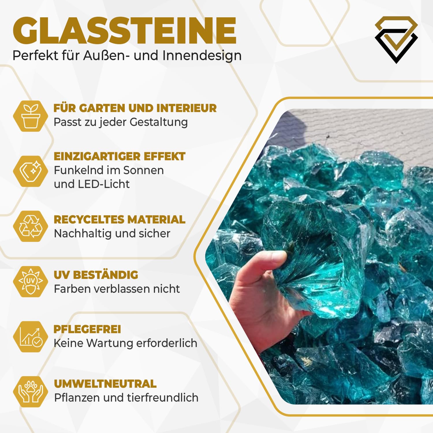 Glassteine Türkis für Garten & Aquarium 10 kg - Deko Glassteine für Gabionen, Vasen & Blumentöpfe 8-12 cm - Hochwertige Glasbrocken 100% Recycelt, UV-Beständig & Wetterfest