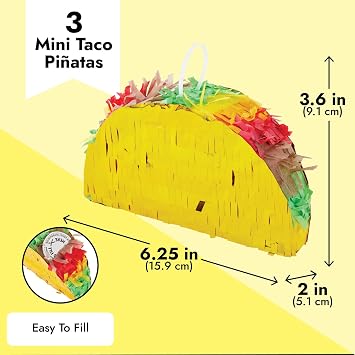 BLUE PANDA 3 Pack Mini Taco Pinatas - 6.25 x 2 x 3.6 in - Taco Decorations & Mini Pinata Favor