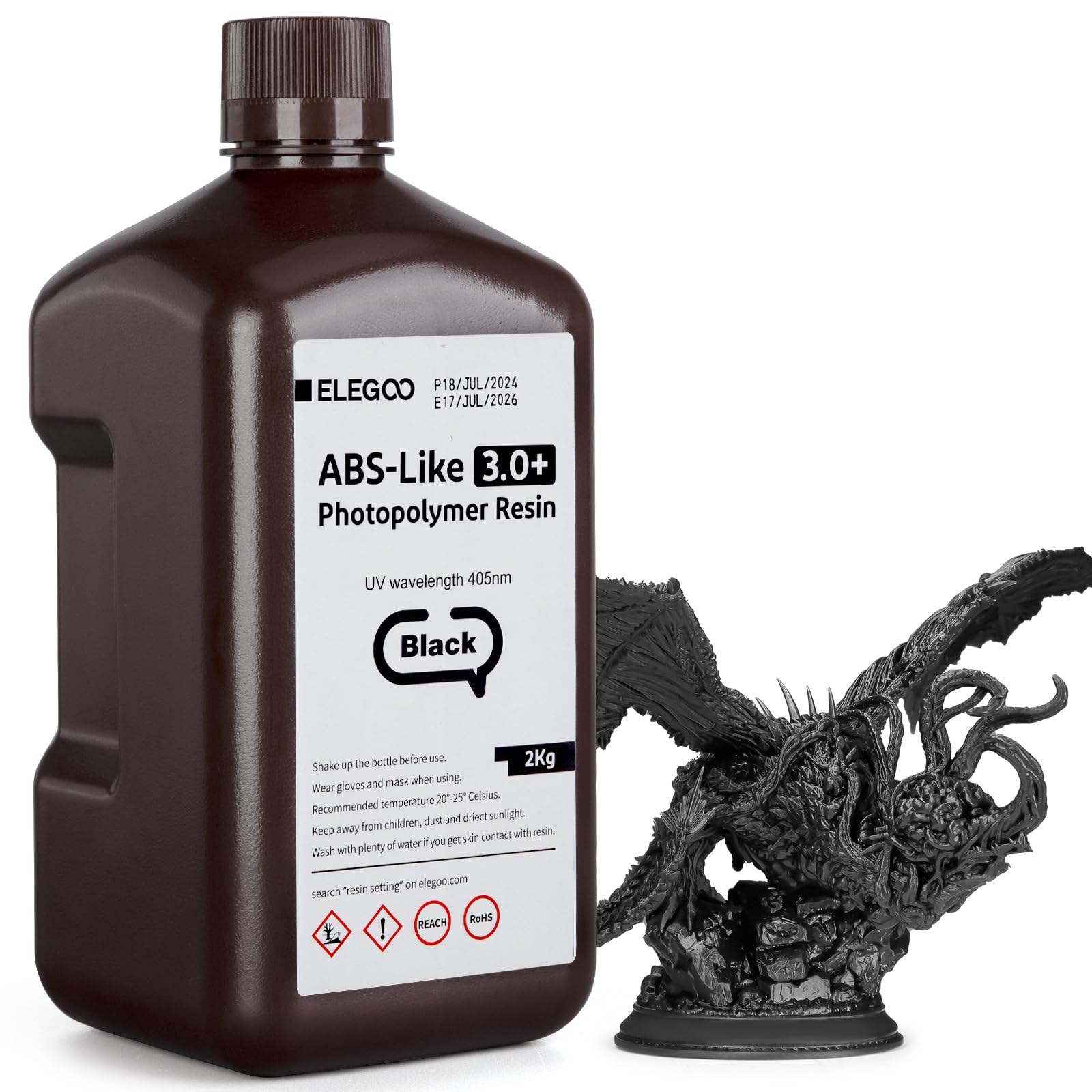 ELEGOO ABS-Like Resin 3.0 Plus, Ulepszona Żywica Fotopolimerowa do Drukarek 3D, Wyższa Odporność Na Ciepło, Szybkie Utwardzanie, Wysoka Precyzja, Niełamliwość, 2000g Czarny