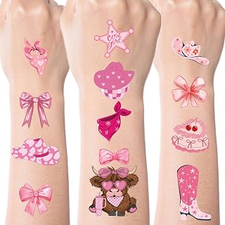 Pink Bow Temporary Tattoos, 8 Sheets Coquettte Birthday Party Favors Decorations, Cute Cowgirl Cherries Disco Ball Tattoo Stickers for Adults Women Music Concert Bachelorette Decor Supplies