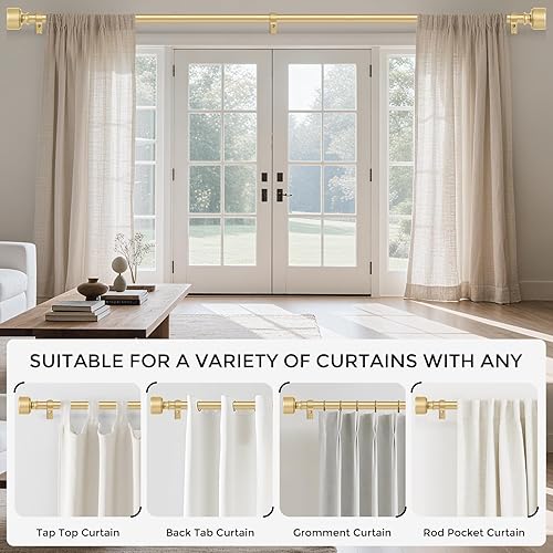 Miniatura 5 de Barras de cortina doradas para ventanas de 28 a 48 pulgadas (2.3-4 pies), barras de cortina de metal noble, barra de cortina resistente de 1 pulgada