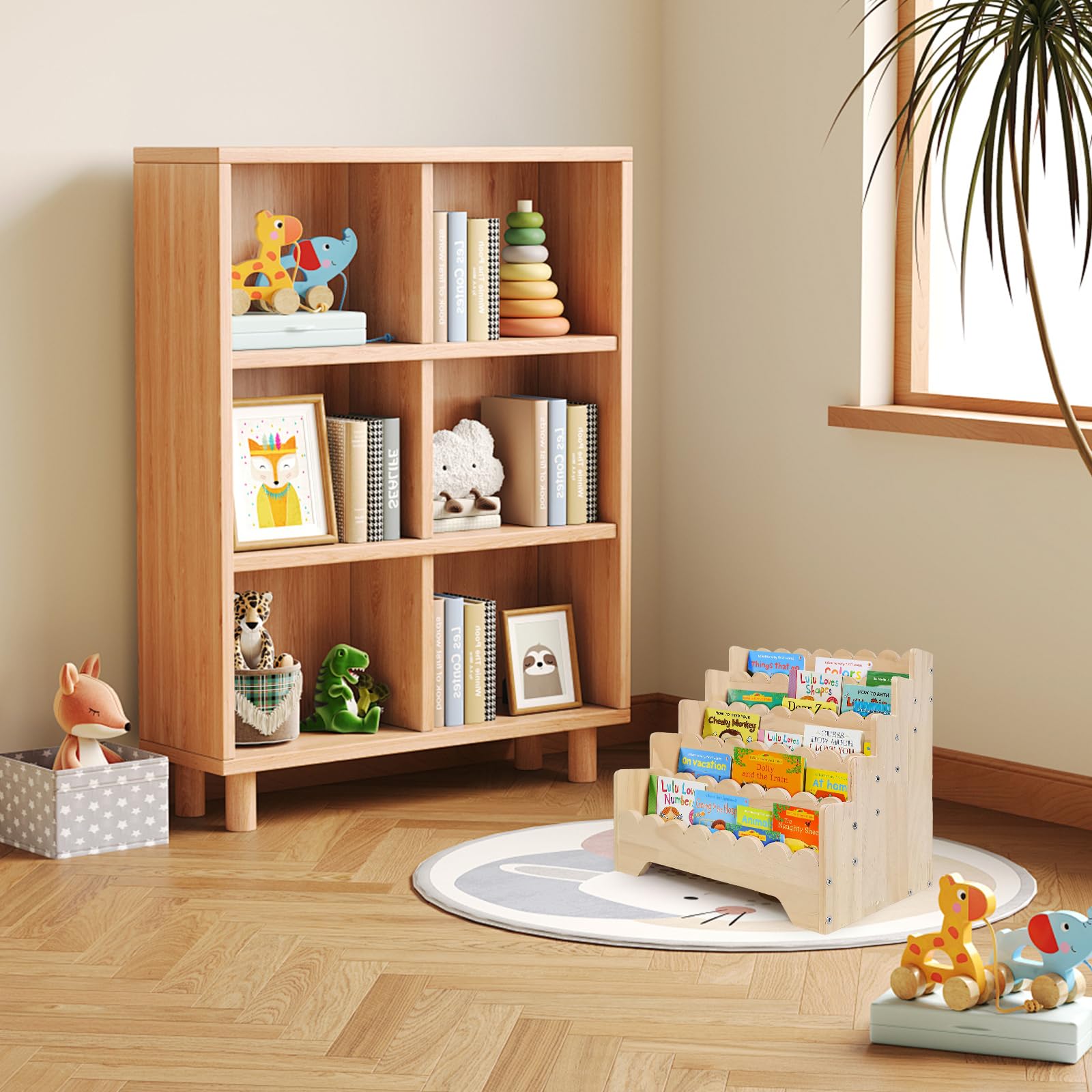 5 Tier Small Wooden Scalloped Shelf for Toddler 1-5 Years, Kids Bookshelf Children Montessori Bookshelf, Durable Baby Toddler Bookcase for Nursery Playroom, 16.9*11.4*15.7
