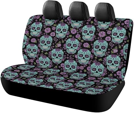 Luxury Car Backseat Covers Auto Accessories Decor Floral Sugar Skull Bench Seat Covers Car Rear Cushion Protector Cover for Truck Vehicles