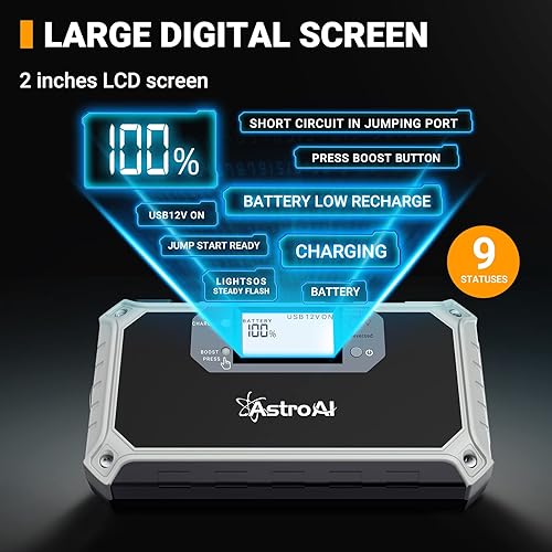 Miniatura 4 de AstroAI Compresor de aire para inflador de neumáticos portátil y AstroAI para coche 2000 A gran pantalla LCD digital