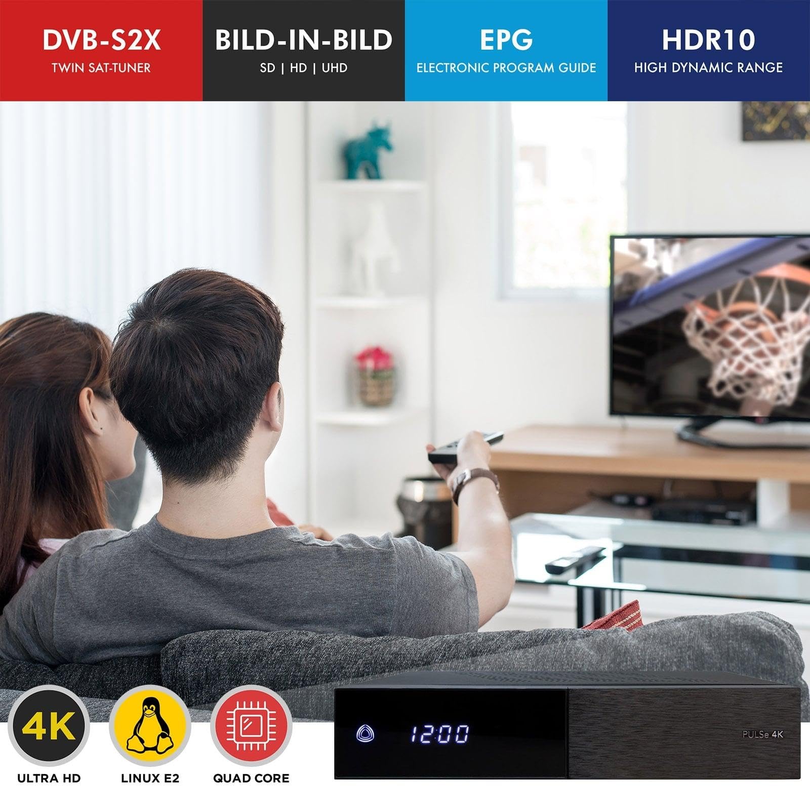 AB Pulse 4K UHD Sat Receiver (2X DVB-S2X Sat, Linux E2, PVR, H.265, HDR10, Ultra HD 2160p, 2 GB RAM & 8 GB Flash, USB 2.0, HDMI, CI, CA-Kartenleser, MicroSD-Slot, LAN, schwarz, 2TB)