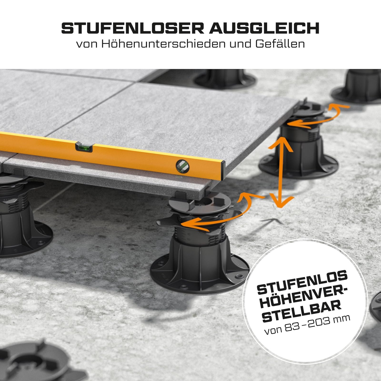 10x LANGFIT® Stelzlager "XL" für Terrassenplatten – Mit Auto-Nivellierung 0-7% – Bis 50% schneller montiert – Mit Maßskala – Stufenlos höhenverstellbar von 83-203mm / Fugenkreuz 3mm – Made in Germany
