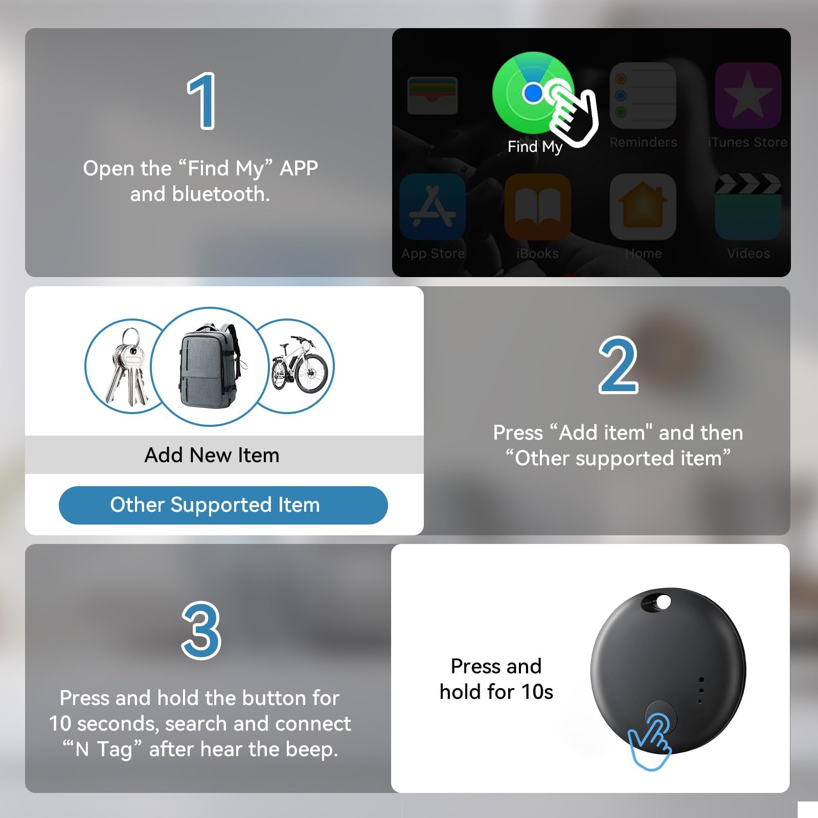 Lot de 4 étiquettes de suivi d'air Bluetooth, localisateurs d'articles compatibles avec l'application Apple Find My (iOS uniquement), gardez le suivi et vos clés, portefeuille, bagages, sac à dos (pas