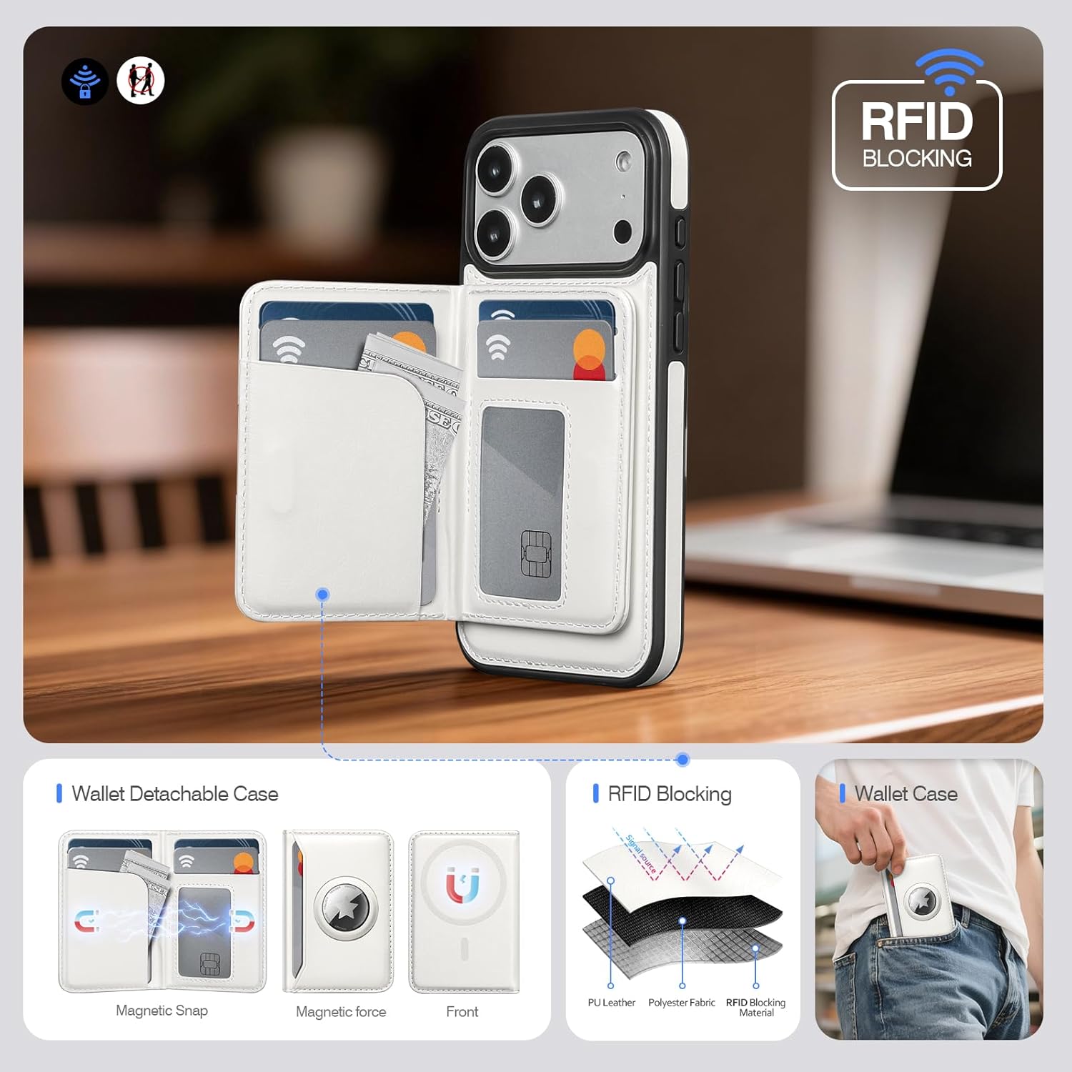 Antsturdy Compatible with MagSafe 2 in 1 Detachable Magnetic iPhone 17 Pro Max Case Wallet with AirTag Holder,Men Women PU Leather RFID Blocking Credit Card Holder Slots Flip Cover Kickstand,White
