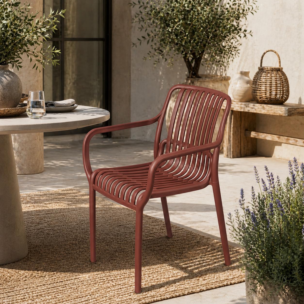 Totò Piccinni Sedia DOGA CON BRACCIOLI in Polipropilene Made in Italy, Design Moderno a Doghe per Interno ed Esterno (Terracotta 4 Pz)