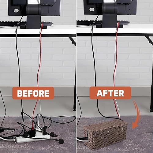 Vista 6 de Caja de organización de cables, organizador de cables de ratán hecho a mano con 2 ranuras abiertas, organizador de cables para regleta de Marrón