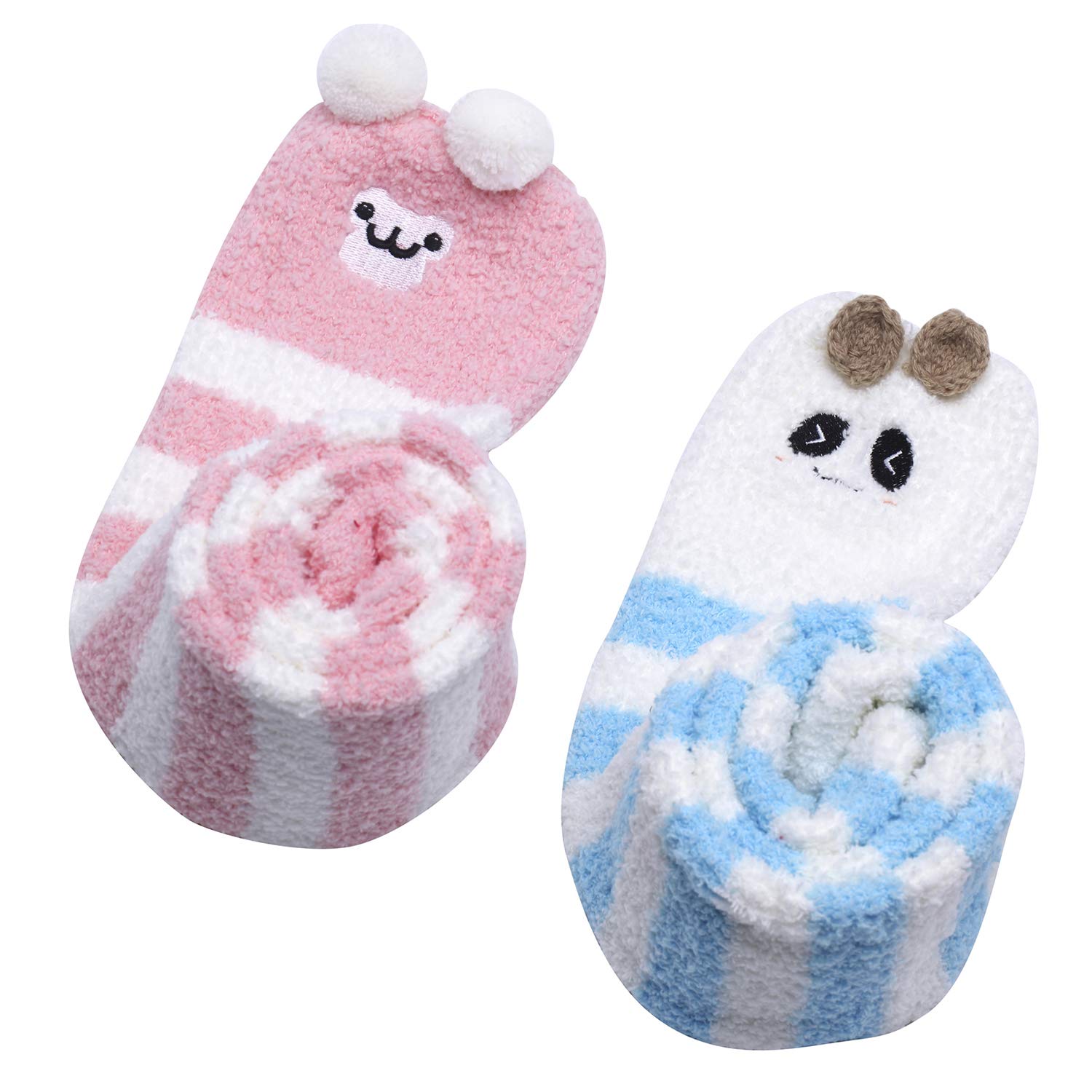 LittleForBig Cute Animal Coral Fleece Thigh High Long Striped Socks 2 Pairs-Pink/Blue