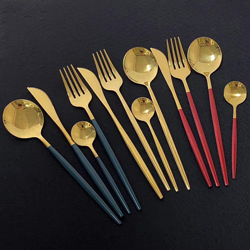 Puzhler 4pcs Dinnerware Set 18/0 Stainless Steel,Golden Flatware Set for 1 Person, Kitchen Silverware Cutlery Tableware Anti-rust Utensil Set, Steak Knife Set (Green + Gold)