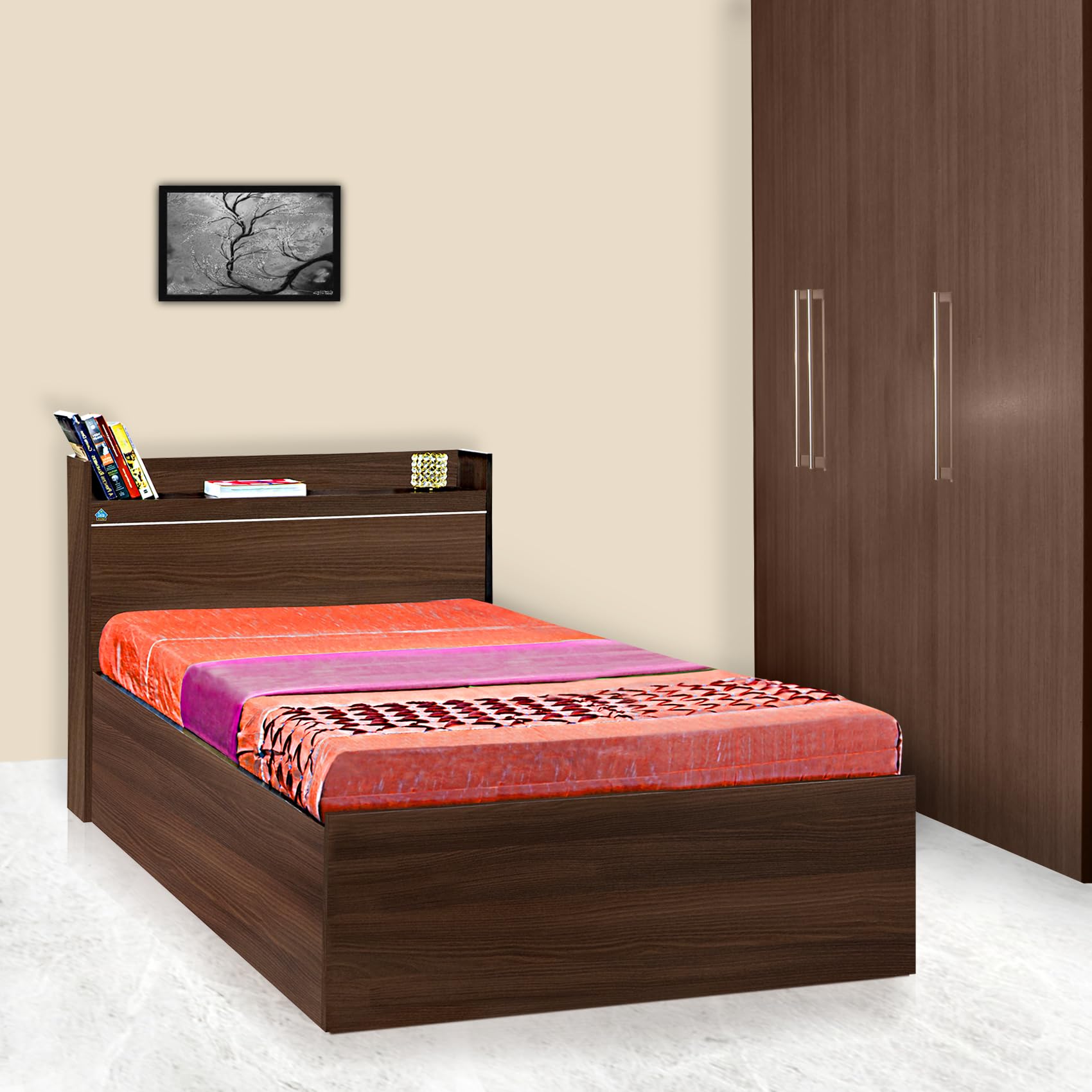 DELITE KOM | 1 Year Warranty | Single Bed, Cherry Engineered Wood Bed with Box Storage & with Headboard Shelf Storage, Wooden Bed (83x37 Inches) | Installation Included | Color - Acacia Dark