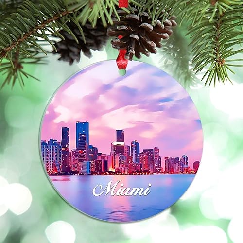 Miami Florida USA Cityscape - Decoraciones para árbol de Navidad, recuerdos de ciudad de campo, recuerdos personalizados de Navidad 2023, decoración