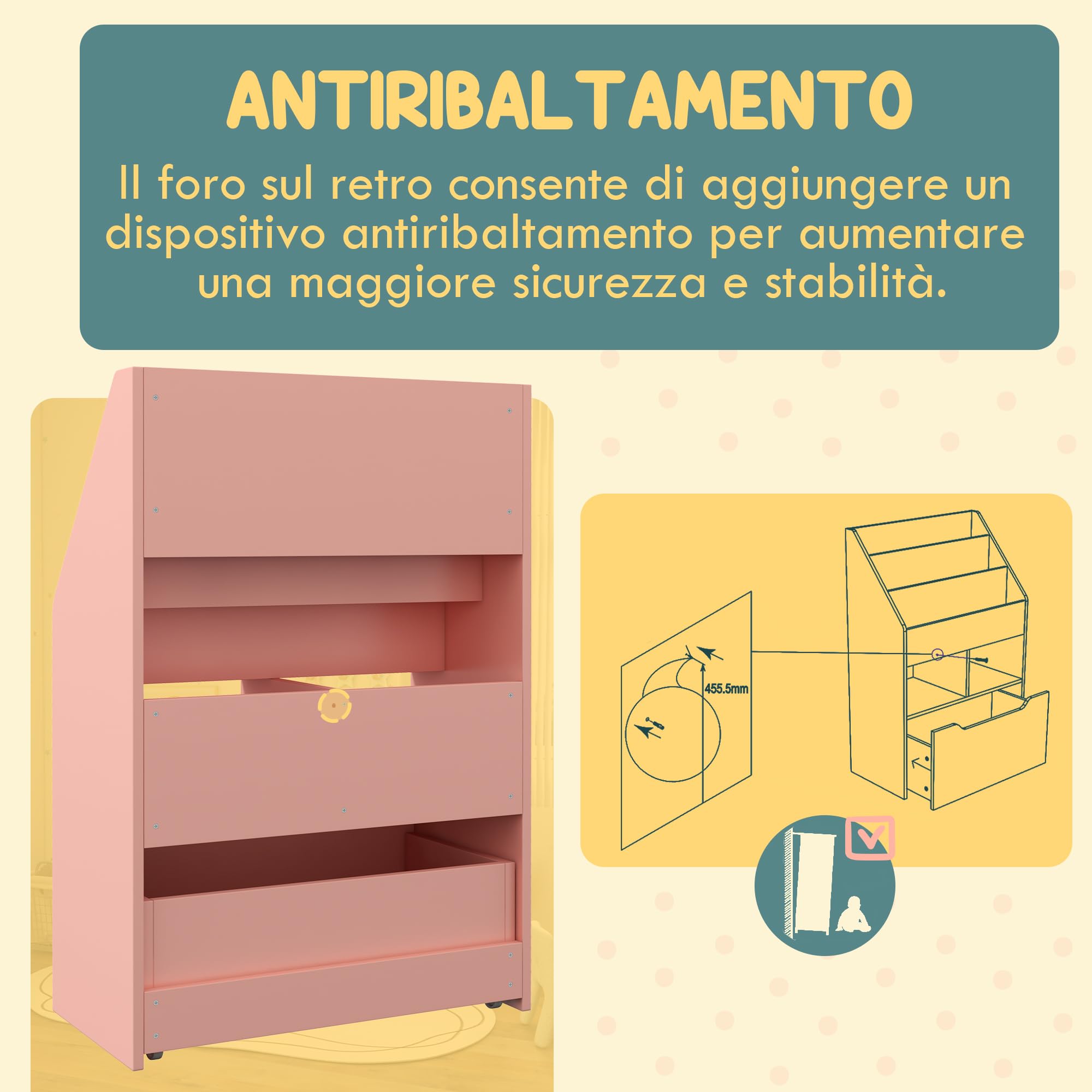 HOMCOM Piccola Libreria per Bambini con Ripiani, Cassetto e Ruote, Scaffale per Giocattoli e Libri in MDF per Cameretta, 60x29.9x90cm, Rosa