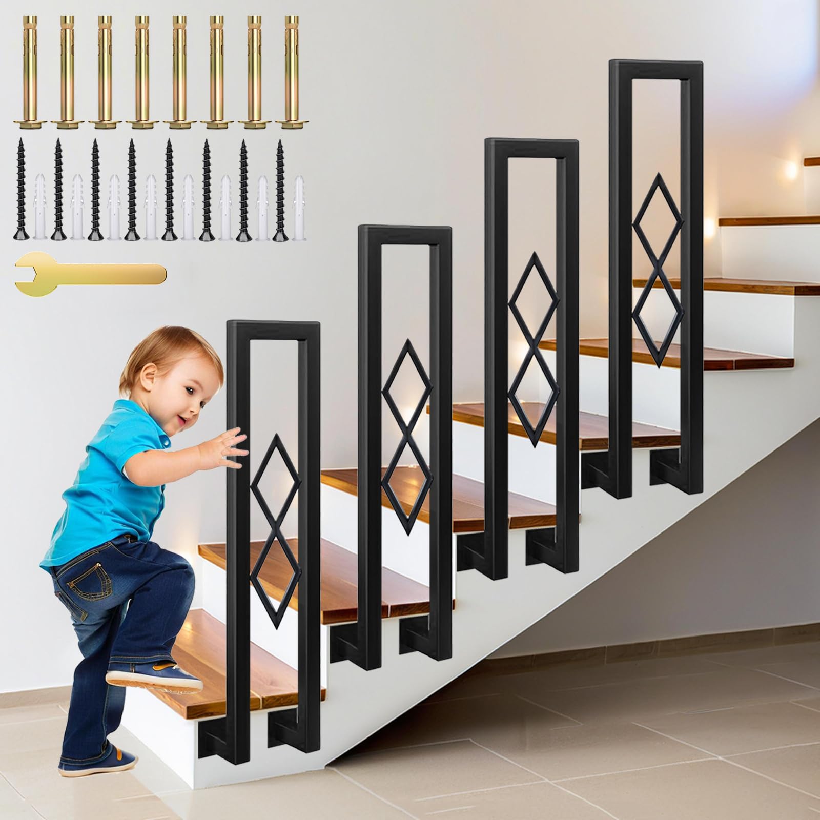 Barandilla de Escalera en Forma de U, Hierro Forjado Pasamanos con Diseño Diamante, Parapeto Interior para Loft, Balcón, Balaustre Exterior, Instalación Lateral (Negro, 110cm)