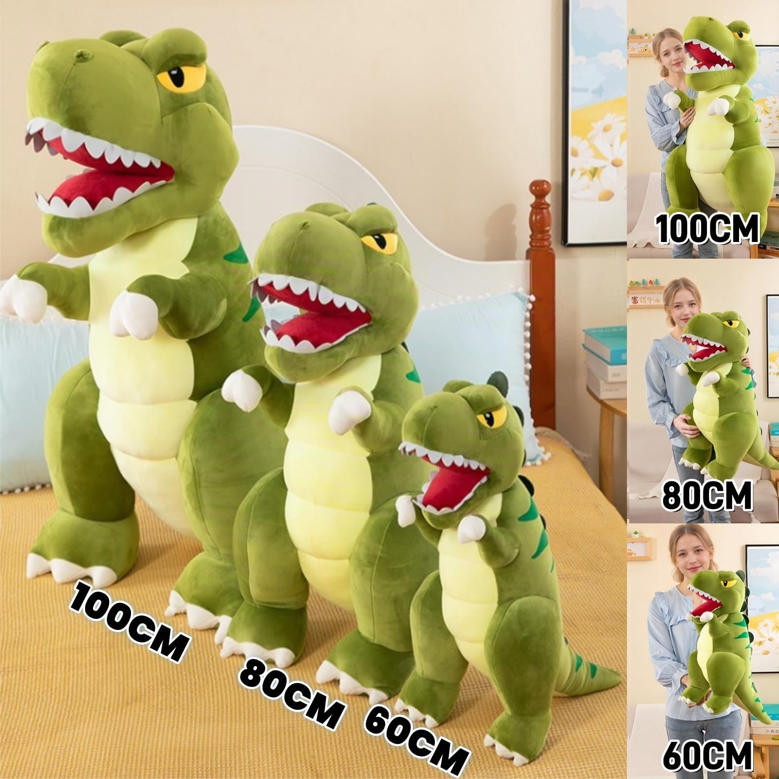 XXL Dinosaurier Plüschtier – Großes Kuscheltier Dino, Weiches Stofftier zum Umarmen, Riesiges Plüschtier für Kinder, Geschenk für Jungen und Mädchen (80CM,Grün)