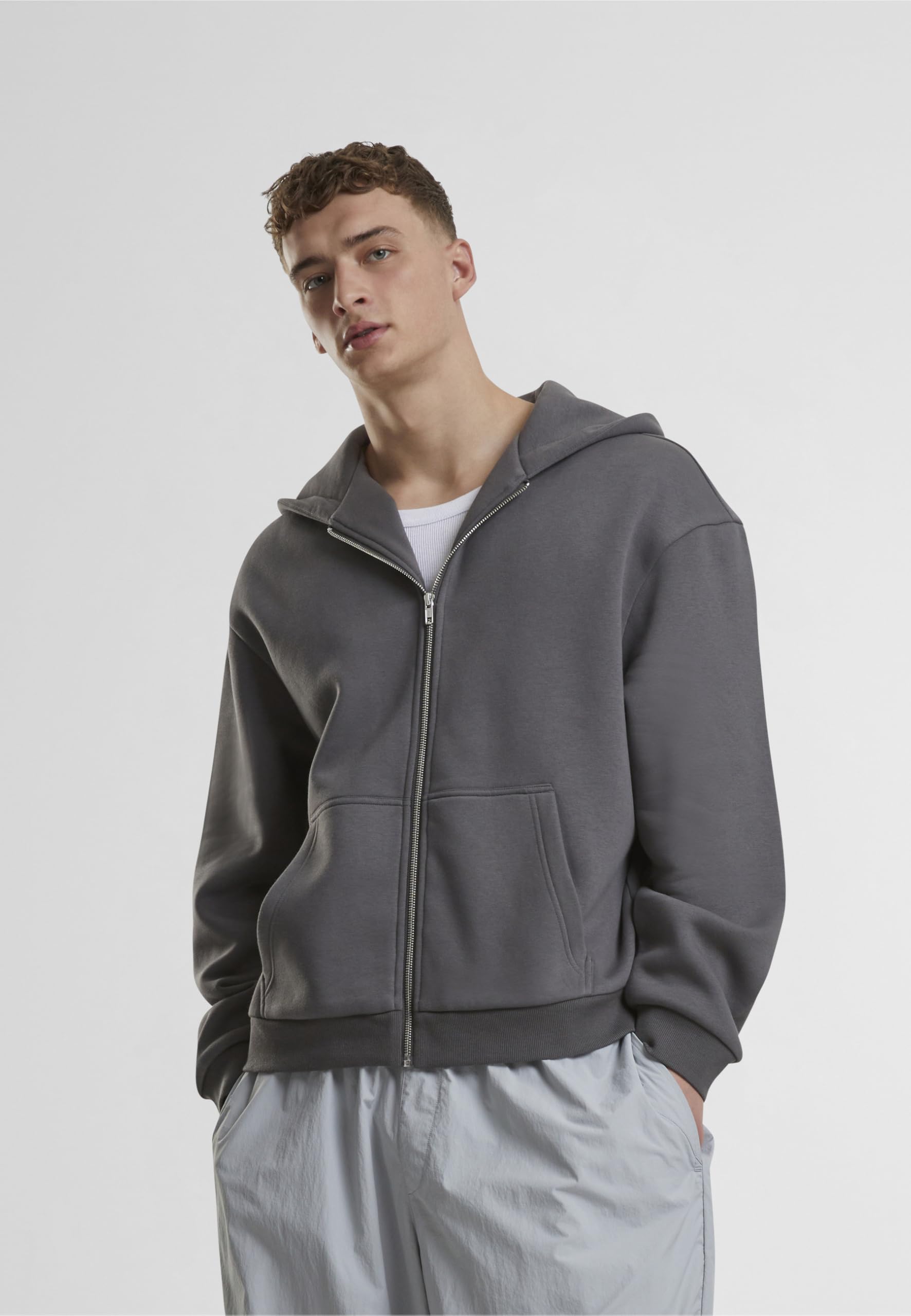 Urban Classics Męska bluza z kapturem Fluffy Zip Hoody, puszysta bluza z kapturem z zamkiem błyskawicznym, bluza z kapturem dla mężczyzn, oversize fit, Magnet, XL
