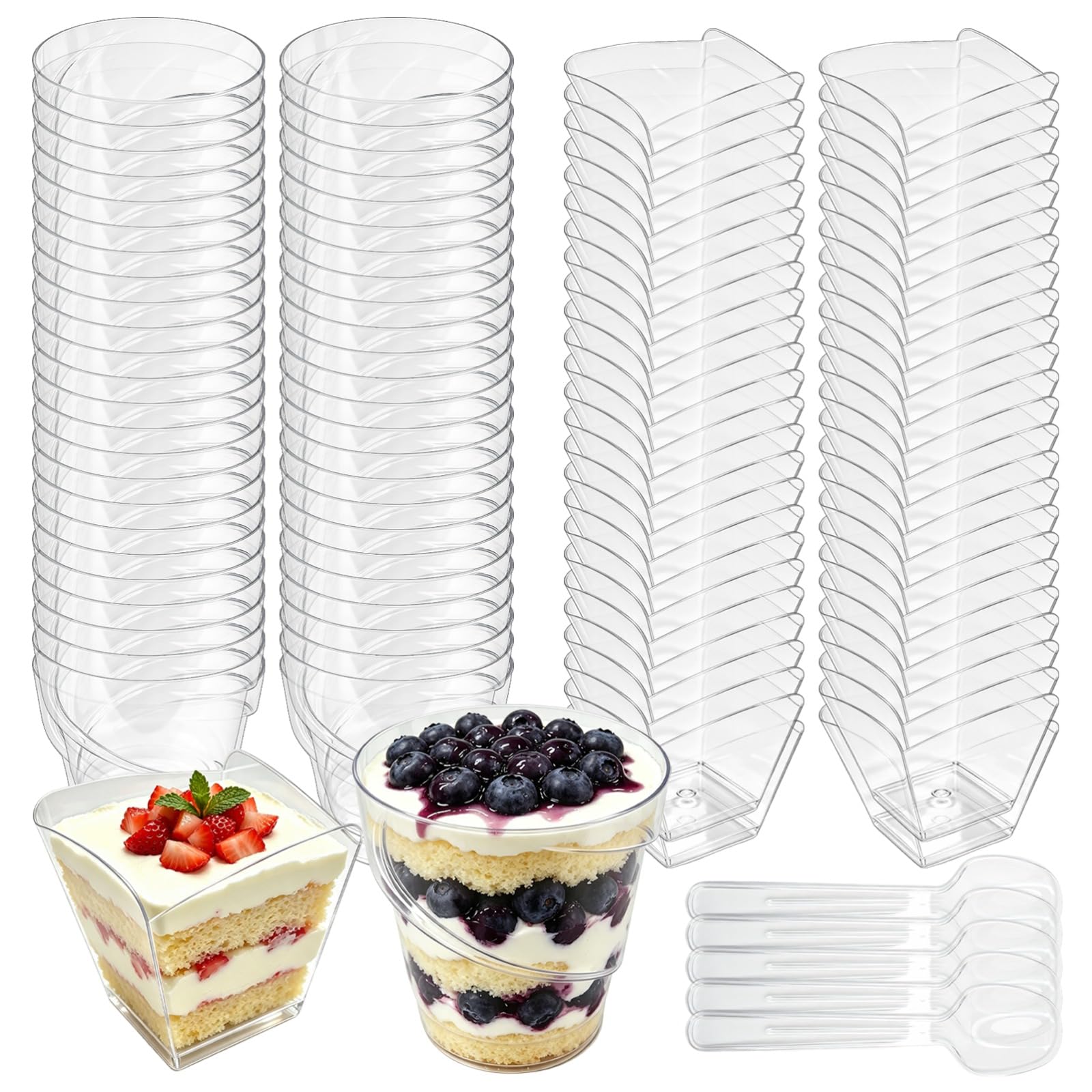 100 Set 160ml Dessert Cups with lids, mini Dessert Cups Square and Round