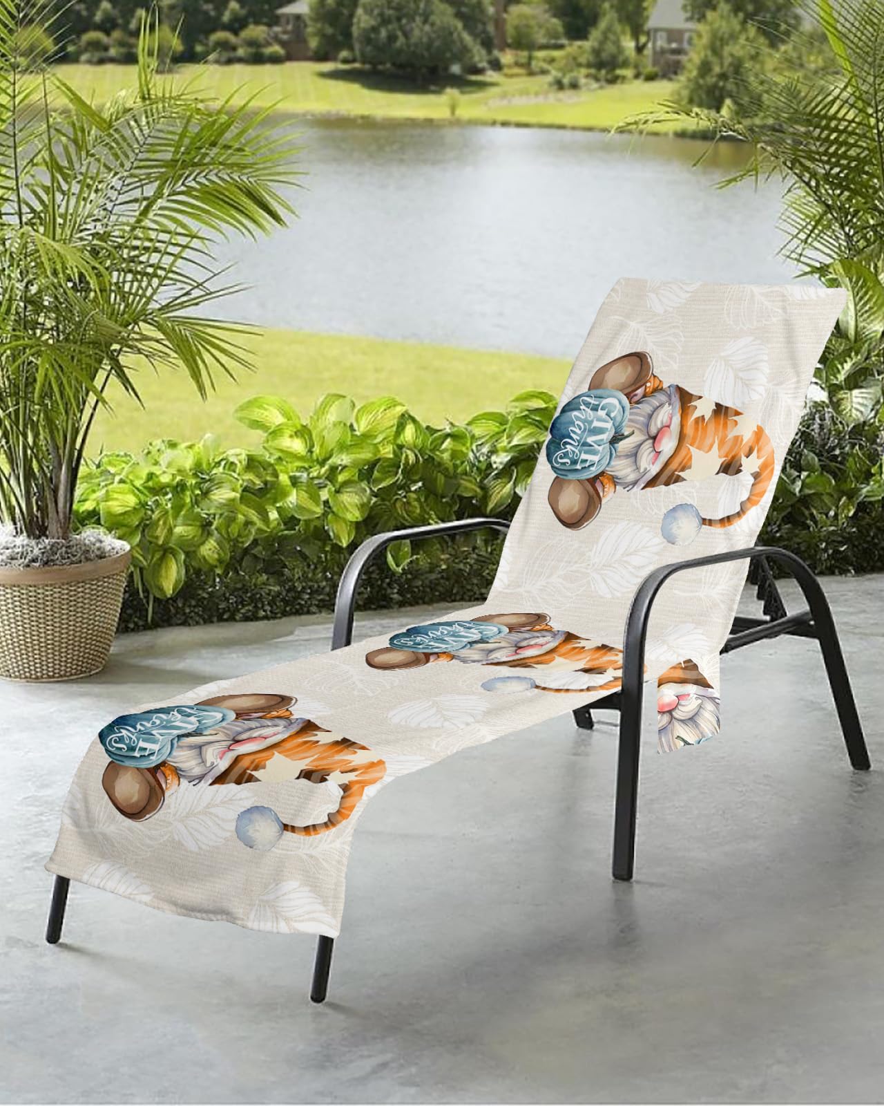 Thanksgiving Beach Chair Towel Covers for Chaise Lounge with Side Pocket, Soft Plush Pool Towels Cover for Patio Sunbathing Outdoor 29''x85'' Pumpkin Gnomes Maple Leaves Watercolor