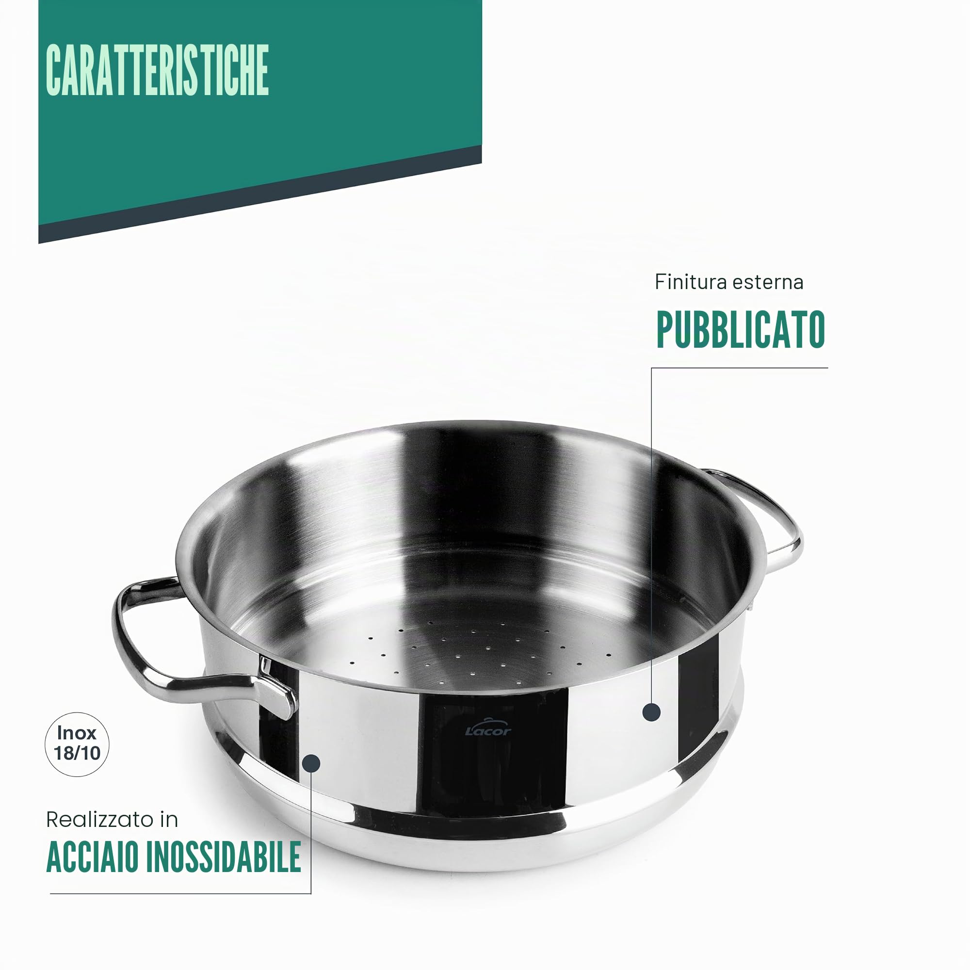 Lacor - 32524 - Cous Cous Base, Acciaio Inox 18/10, Vaporiera e Cous Cous, Lavabile in Lavastoviglie, ø24cm