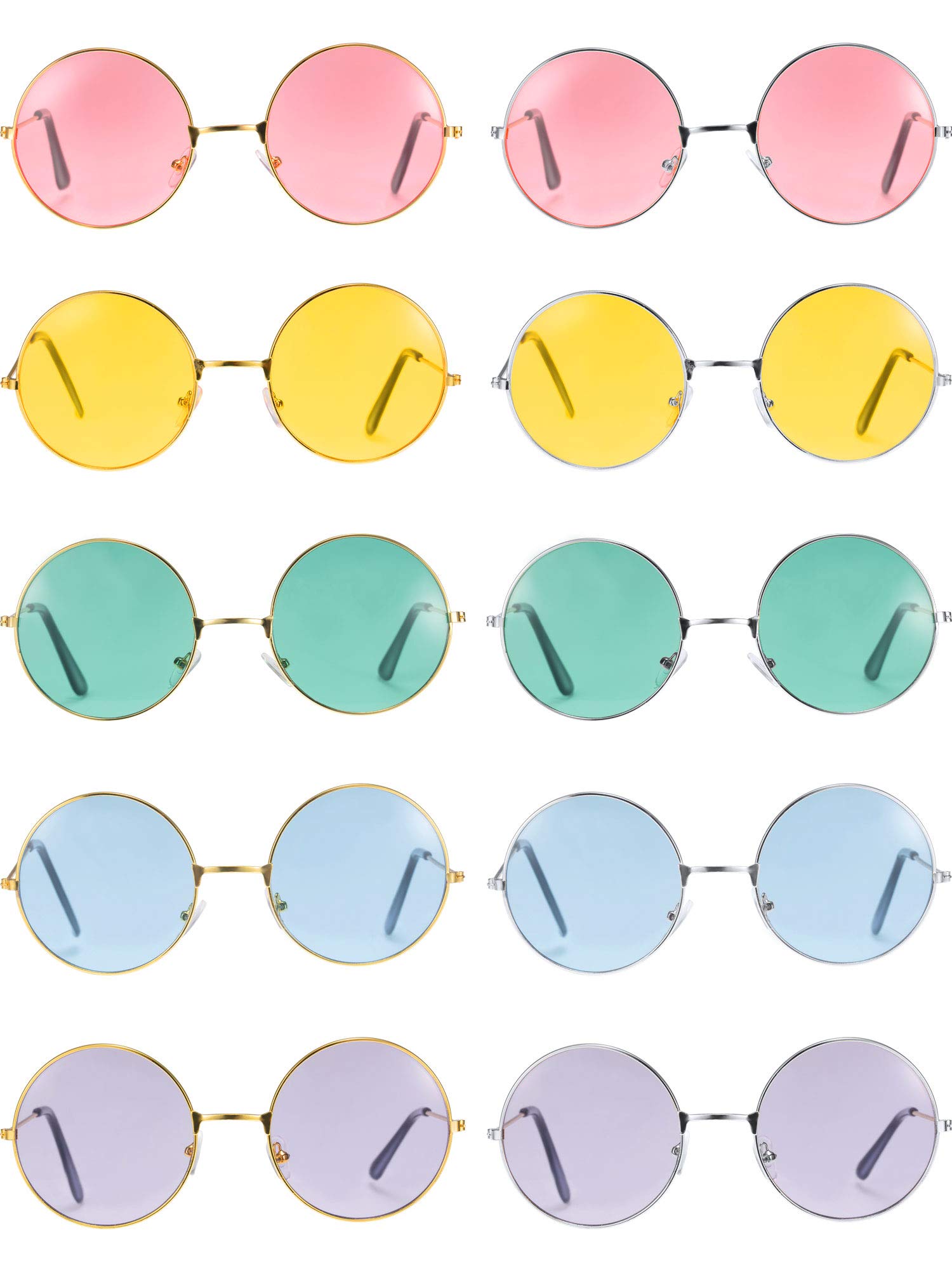 Blulu 10 Pairs Round Hippie Sunglasses John 60's Style Circle Colored Glasses (Gold Silver Frame)