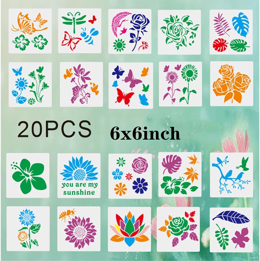 Juego de 20 plantillas de hojas de flores,15x15 cm,reutilizables,plantillas para dibujo de flores,girasoles,rosas,pájaros,arte de jardín,para pintar de diseño natural,decoración de pared principal