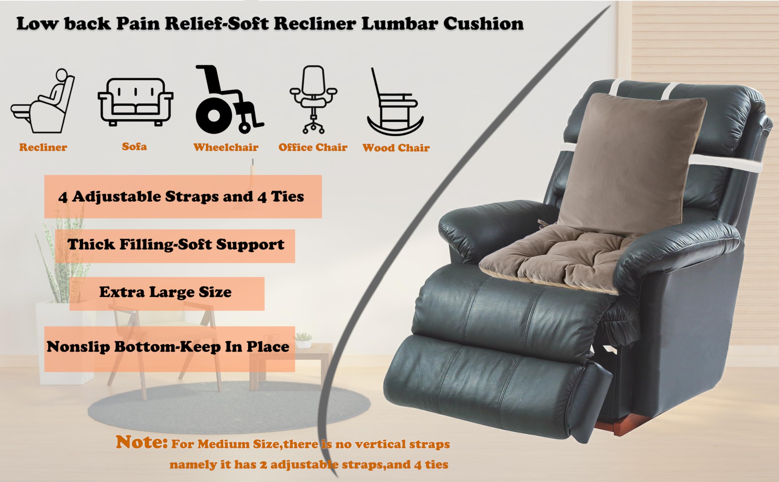 Respaldo reclinable ortopédico extra grande para aliviar el dolor de espalda baja, almohada de apoyo lumbar de respaldo alto, cojín de repuesto antideslizante con lazos de correa ajustables, para