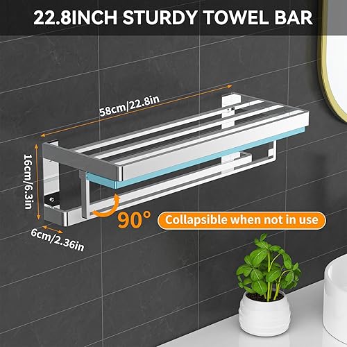 Miniatura 4 de Toallero de 22.8 pulgadas con dos barras de toalla para baño, ducha y lavabo, con estante montado en la pared, acero inoxidable 304, adhesivo sin