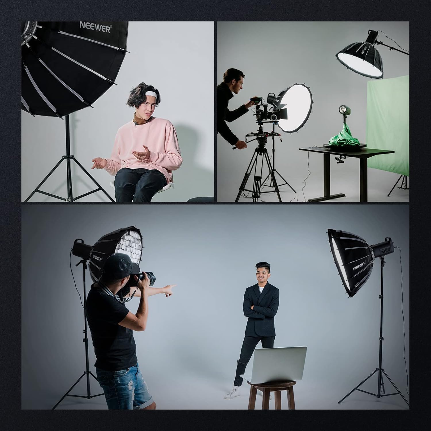 NEEWER Basics Kit Softbox Parabolique, 65cm, Monture Bowens, avec Diffuseurs de Lumière, pour Studio Photo, Enregistrement Vidéo, Streaming, éclairage, Compatible Godox, Aputure, NS37P