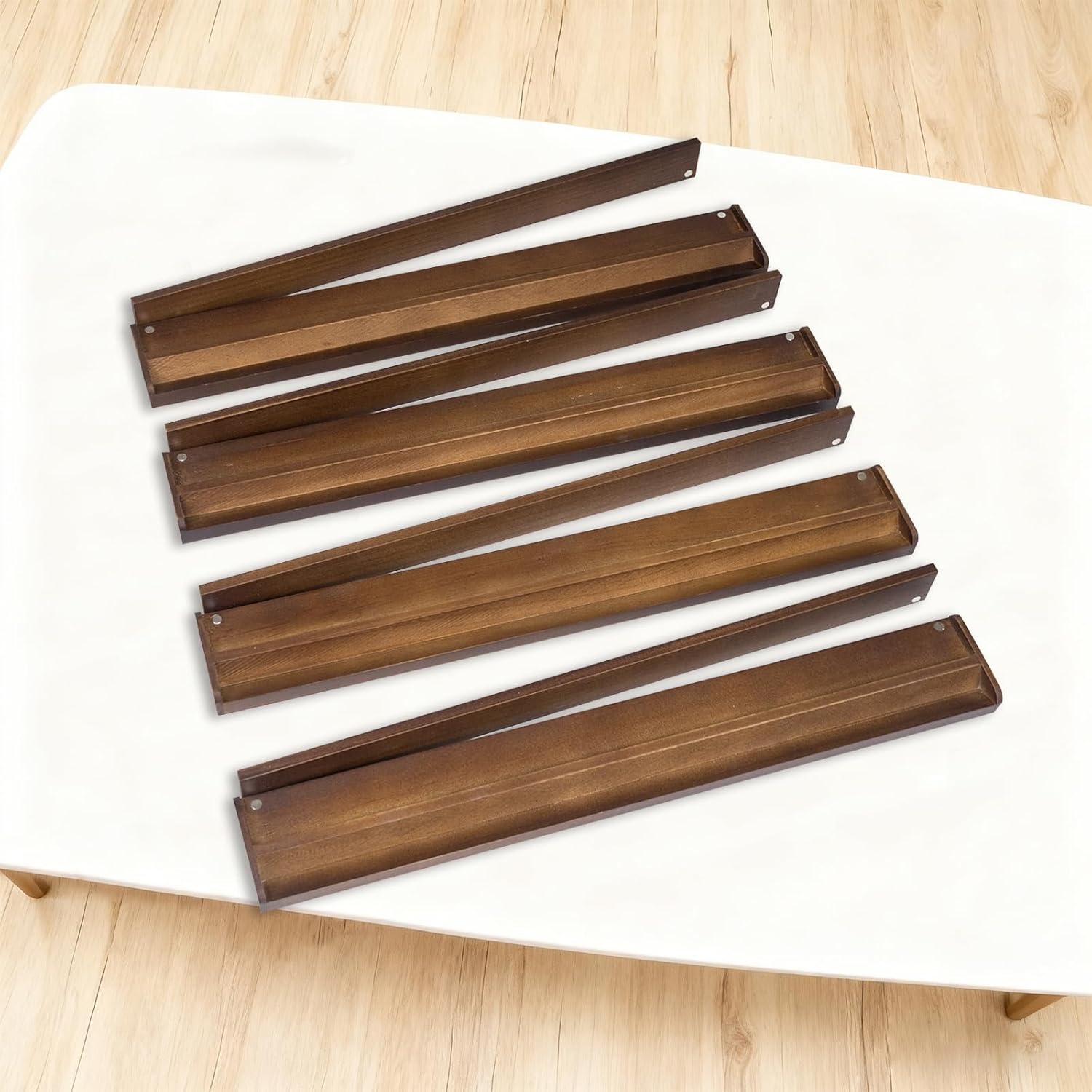 Wooden Mahjong Racks Set with Detachable Magnetic Pushers, 4 Racks & 4 Pushers,Includes 3 Dice, 2 Chip Packs & Carry Bag, Sturdy & Portable Family Game Night Set