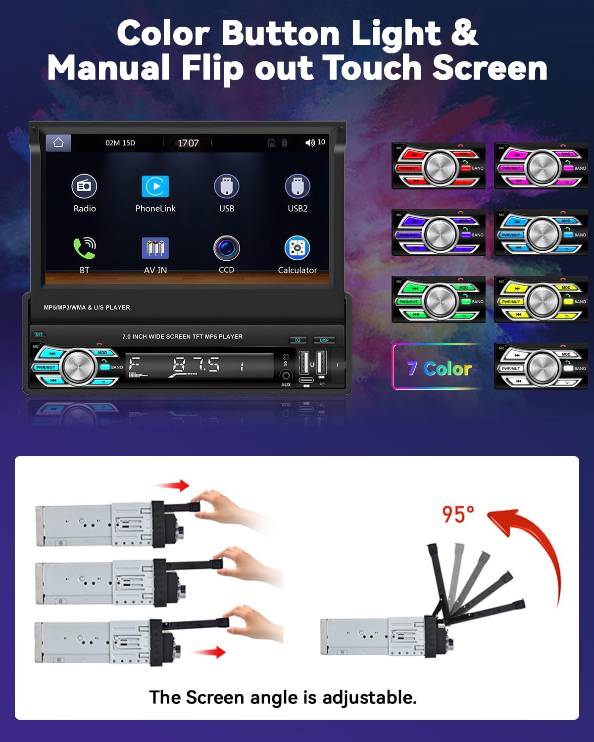 Autoradio 1Din Wireless Carplay Android Auto mit Ausfahrbarem 7" Bildschirm Autoradio Stereo mit Bluetooth-Freisprecheinrichtung USB Typ-C Schnittstelle AUX FM RDS Mirror Link Rückfahrkamera