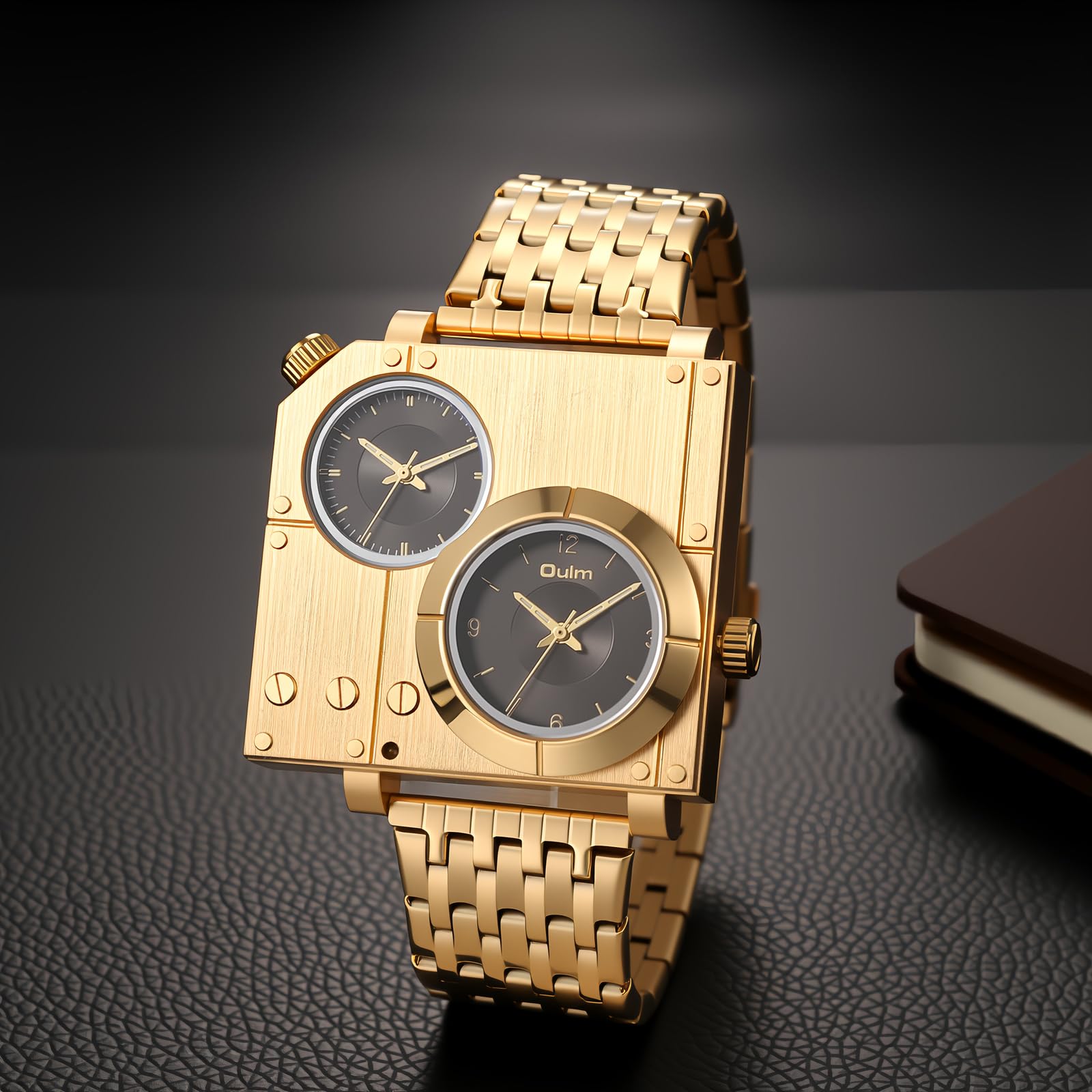 OIDEA - Reloj para hombre, cuadrado, cuarzo, caja dorada, pulsera de acero inoxidable, extraíble, esfera negra, doble esfera de dos zonas horarias, gran reloj, regalo para hombre